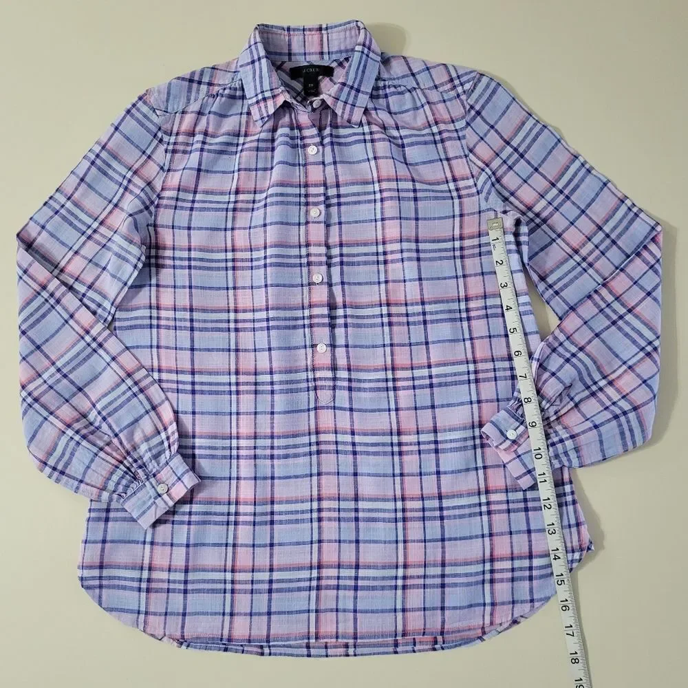 J. Crew Women's Gathered Henley Lilac Plaid Shirt